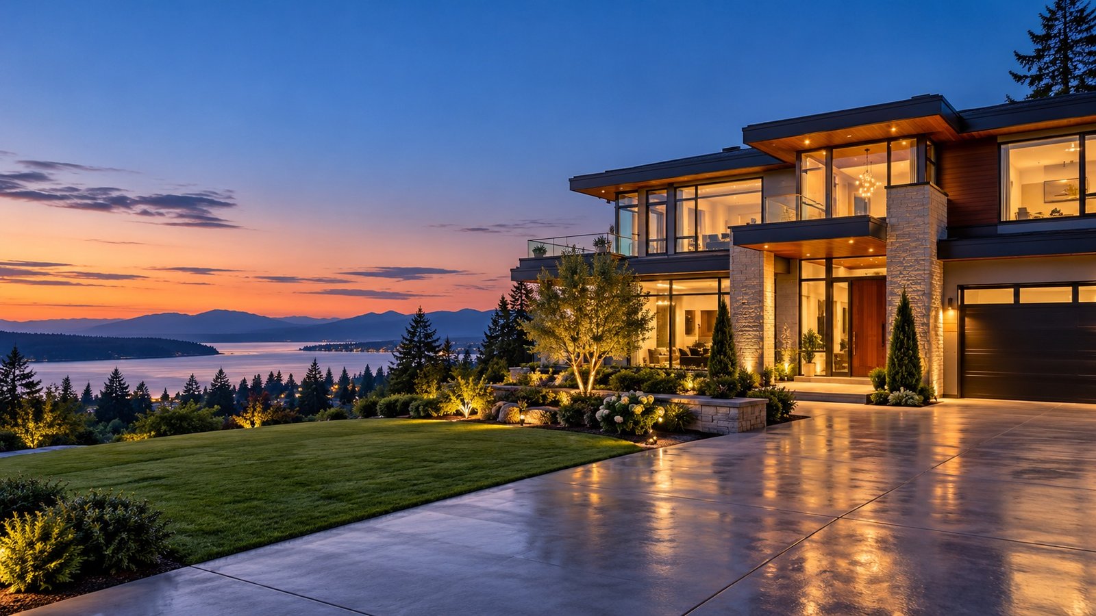 A contemporary home glowing at sunset above a lake and mountain landscape.