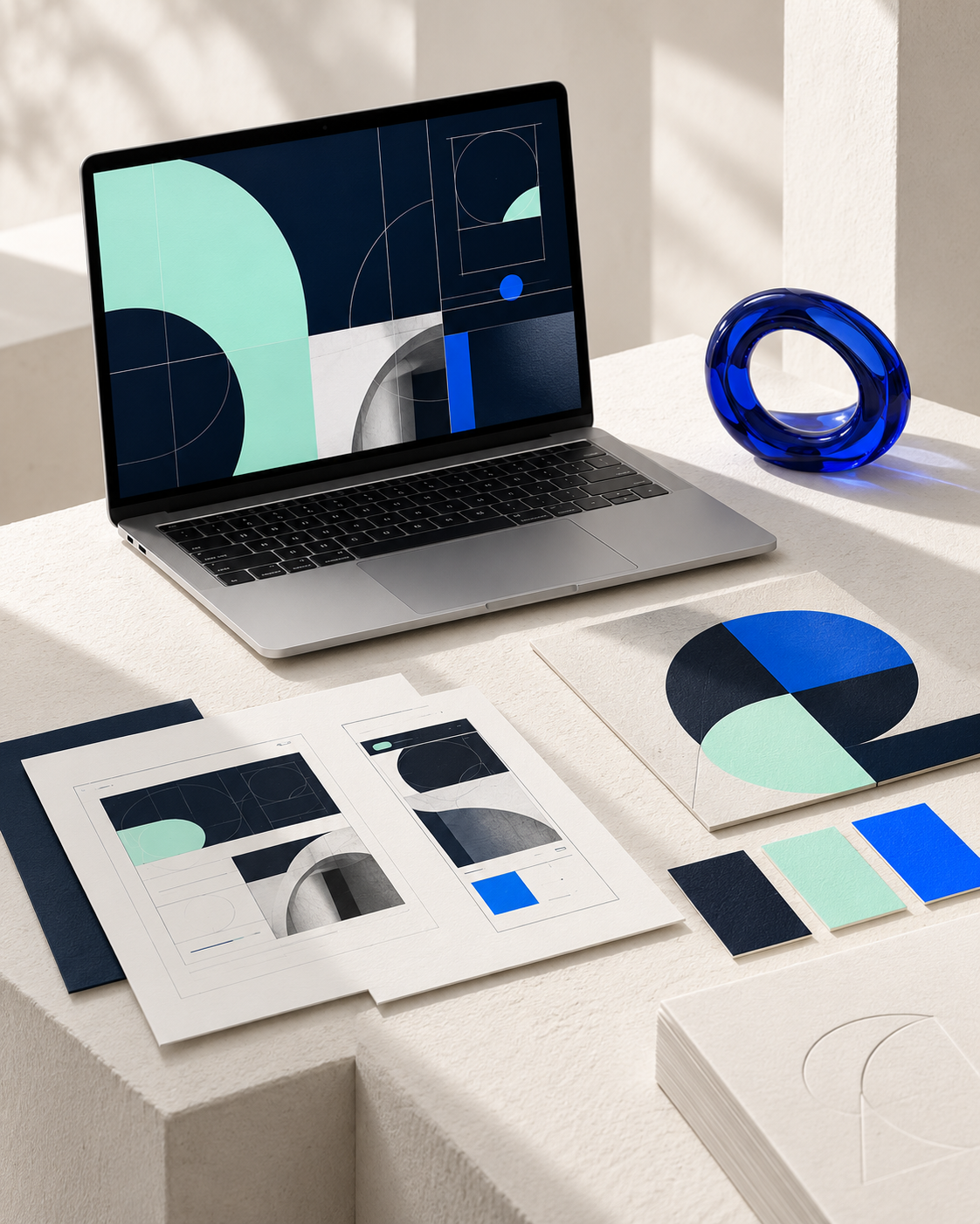 Conceptual studio still life with a laptop, interface wireframes, colour swatches and a blue glass sculpture.